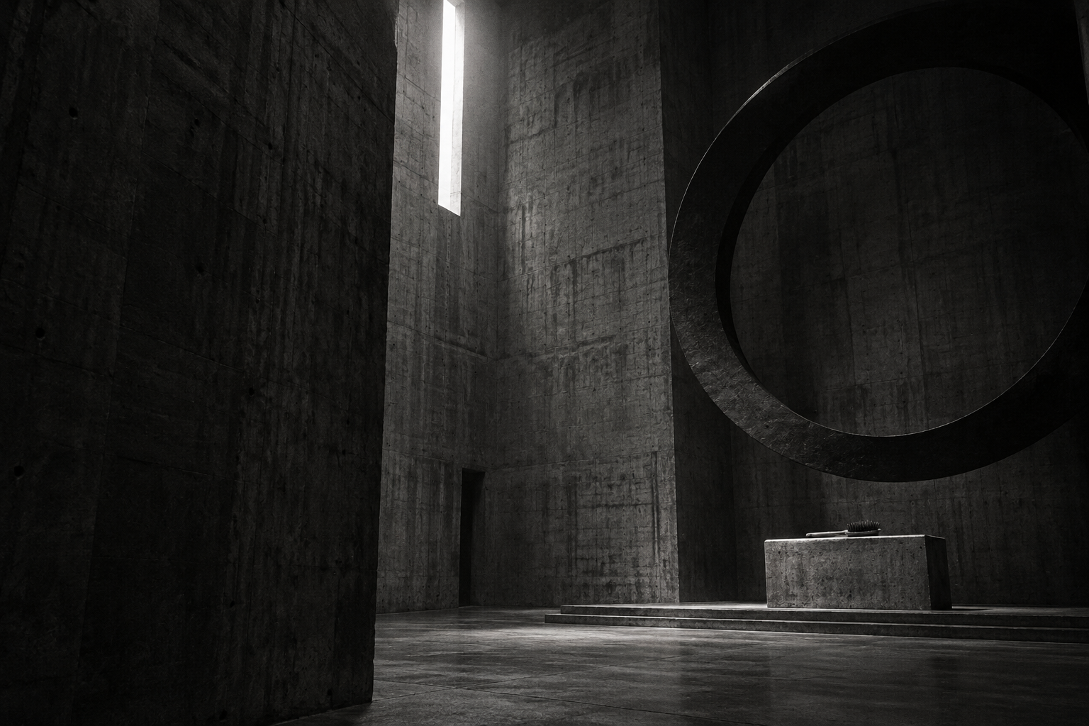 Ein gewaltiger schwarzer Ring über einer Haarbürste auf einem Betonaltar in einer modernen Kathedrale.